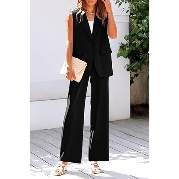 PRETTYGARDEN Women's 2 Piece Outfits Sleeveless Suit Vest and Wide Leg Pants B - Picture 5 of 6
